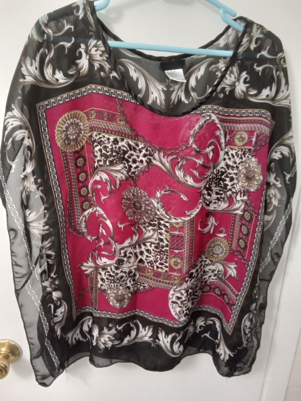 Source Unknown Fuchsia and Black Ornate Silk-Feel Scarf Blouse